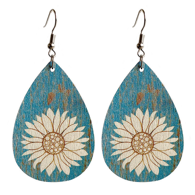 Wholesale 2PCS Leopard Print Sunflower Drop Shape Wooden Earrings